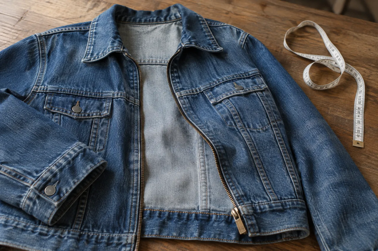 A denim jacket with its zipper and seam stitching visible beside a measuring tape.