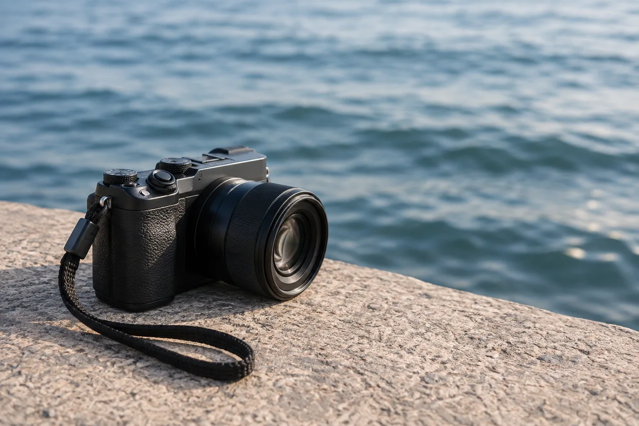 A compact camera and wrist strap resting on a stone ledge with lake water behind them.