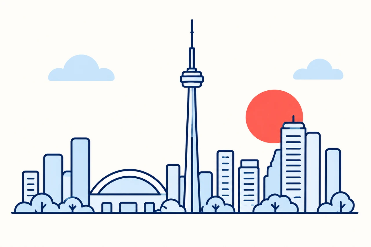 An illustrated Toronto skyline with the CN Tower, rounded buildings, pale blue clouds and a coral sun.