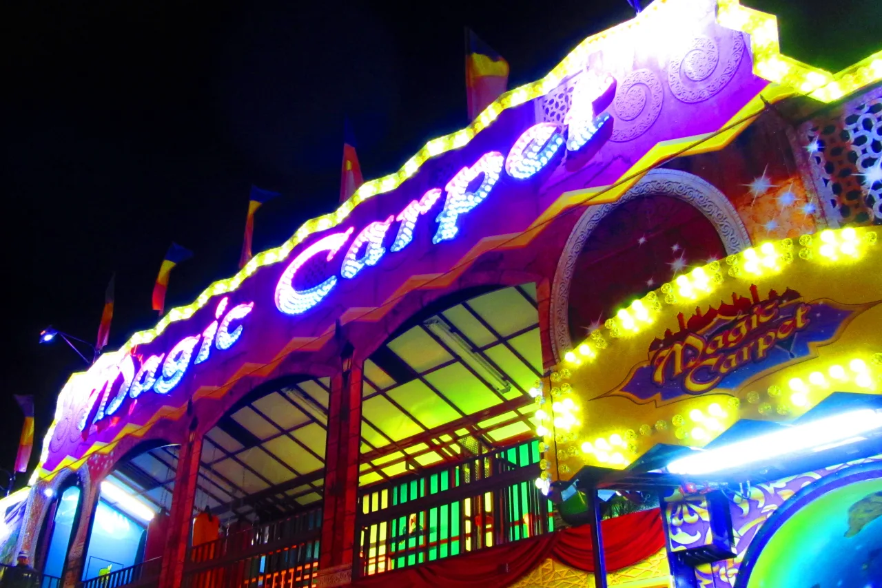 The brightly illuminated Magic Carpet midway ride at Markham Fair in 2012.